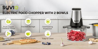 Mini Food Processor 450W – Electric Food Chopper with 2 Bowls & 4 Bi-Level Blades for Meat, Baby Food, Onion & Vegetables, 2-Speed