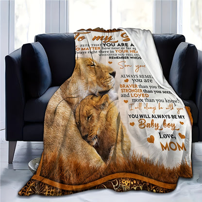 Flannel Throw Blanket with Lion Design & Inspirational Quote - Soft Cozy Knit Polyester, Heartfelt Gift for Son from Mom, Warm Home Decor Blanket