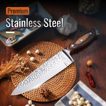Kitchen Knife Set 15 Piece – Chef Knife Block Set with Self-Sharpening Wooden Block, Steak Knives & Hammered Stainless Steel Blades, Perfect Gift for Home Cooks & Men