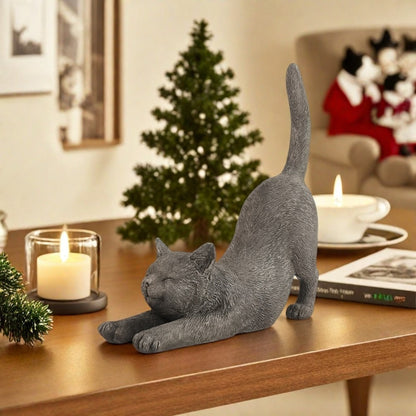Yoga Cat Statue Hand-Painted Stretching Cat Figurine Grey Resin Decorative Sculpture for Home Office Garden Indoor Outdoor Decor Cat Lover Gift High-Quality Finish Stylish Ornament