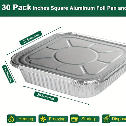 Aluminum Foil Pans 8x8 Inch 30 Pack with Lids Disposable Square Cake Pans – Baking Cooking Freezing & Meal Prep Containers, Stackable Foil Baking Pans for Brownies Lasagna