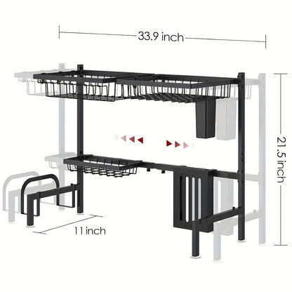 Over-the-Sink Dish Drying Rack Expandable 2-Tier 304 Stainless Steel Adjustable 30-34 Inch with Utensil Holder Knife Holder Cutting Board Holder and 5 Hooks for Kitchen