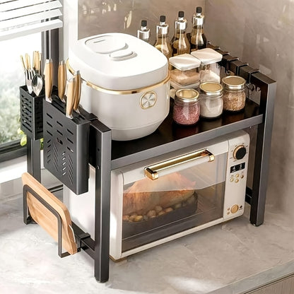 Kitchen Storage Rack Metal Extendable Shelves Microwave Stand Counter Organizer for Spices Bowls Cups Cookware Space Saving Shelf Black