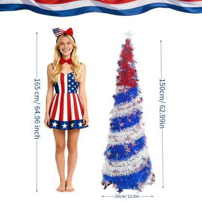 4th of July Patriotic Decoration Tree 5ft – Foldable LED Light String with Red White Blue Stars & Stripes, Independence Day Party Decor, Patriotic Theme Display Tree, Summer Holiday Gift