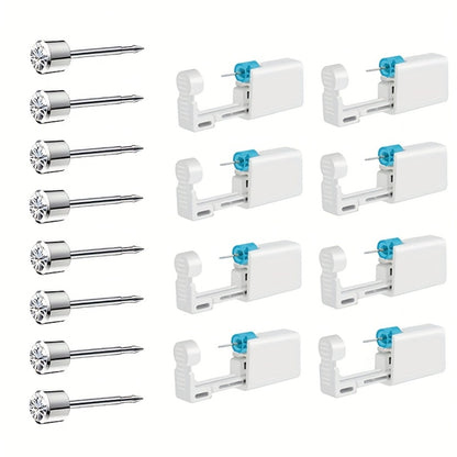 Disposable Ear Piercing Gun Set 8pcs - Stainless Steel Ear Stud Piercing Tool Kit, Safe Portable Self-Piercing Device with Hypoallergenic Earrings for Home Use, Silver & Gold