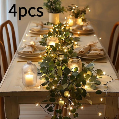 Eucalyptus Leaf Wreath String Lights 4pcs Battery Powered Warm LED Fairy Lights for Holiday Table Centerpiece Indoor Home Decoration