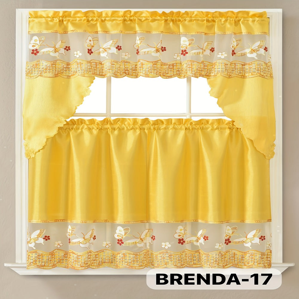 Kitchen Curtains 3 Piece Set Embroidered Satin Valance and Tiers - Rod Pocket Light Filtering Machine Washable 46 Colors Available All Season Home Decor