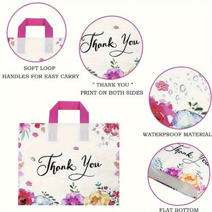 Thank You Gift Bags 50pcs Plastic Flower Print Handle Bags Reusable Shopping Tote for Party Birthday Wedding Halloween Christmas