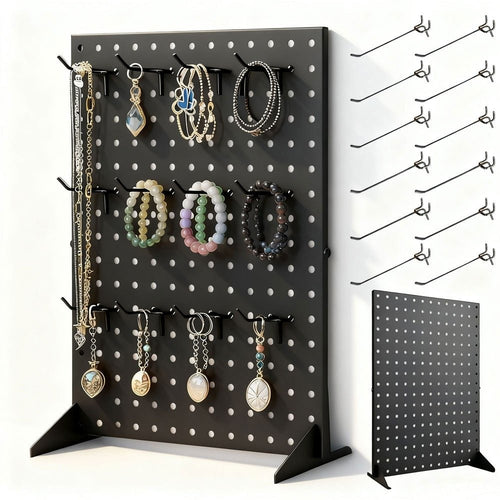 Pegboard Jewelry Display Stand with 12 Removable Peg Hooks Countertop Jewelry Organizer Rack Freestanding Iron Hole Board Display Tower for Necklace Earring Bracelet Ring Accessories Black White