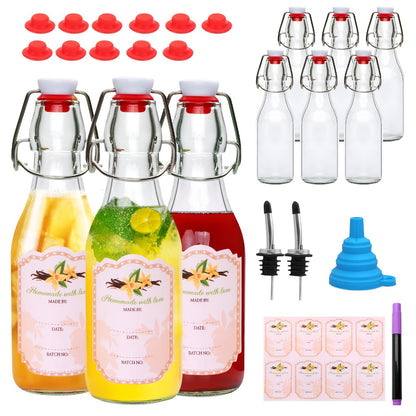 Glass Swing Top Bottles 8.45oz – Round Iron Clasp Airtight Bottle Set with Funnel for Juice, Kombucha, Syrup & Oil Storage, Reusable Flip Cap Glass Bottles (6, 9, 12 or 18 Pack)