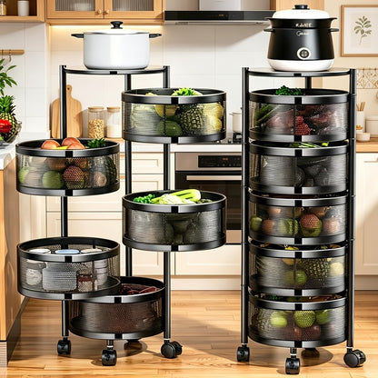 Rolling Storage Cart with Wheels 5-Tier 360° Rotating Kitchen Organizer Basket, No Assembly Space-Saving Floor Standing Bin for Kitchen Pantry Bathroom Bedroom Fruits Vegetables Home Organization