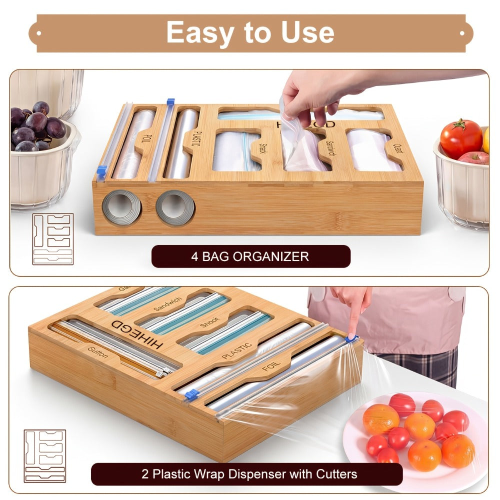 Bamboo Wrap Dispenser 6-in-1 Kitchen Organizer – Built-In Cutter, 6-Grid Storage Box for Plastic Wrap, Aluminum Foil & Bags, Space-Saving Drawer Organizer for Pantry & Kitchen Counter