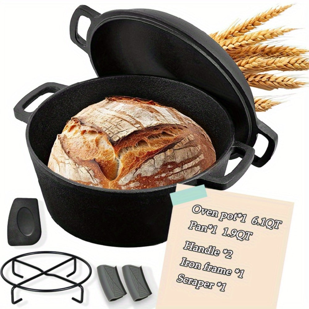 Cast Iron Dutch Oven Set – 6.1QT Deep Pot + 1.9QT Frying Pot, 2-in-1 Cookware with Silicone Handles, Iron Frame & Scraper, Oven, Stovetop, Induction & BBQ Compatible, 6-Pack Bundle