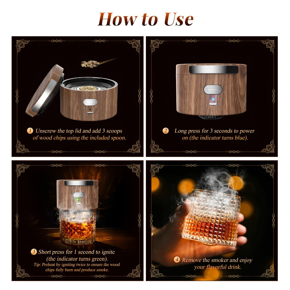Electric Cocktail Smoker Kit with 6 Wood Chips – Flame-Free USB Rechargeable Whiskey Smoker for Tumblers & Wine Glasses, Gift for Men Dad Husband