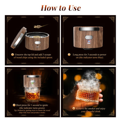 Electric Cocktail Smoker Kit with 6 Wood Chips – Flame-Free USB Rechargeable Whiskey Smoker for Tumblers & Wine Glasses, Gift for Men Dad Husband
