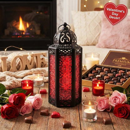 Moroccan Candle Lantern Holder - Decorative Metal & Glass Lantern with Embossed Floral Design for Indoor Home Decor, Garden, Patio, Weddings, Ramadan, Halloween & Holiday Celebrations - 10.5" Tall Medium Size