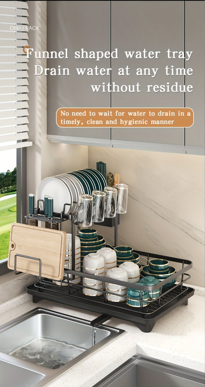 2-Tier Metal Dish Drying Rack with Cutlery Holder Cup Holder & Rust-Proof Drip Tray – Space Saving Countertop Kitchen Organizer