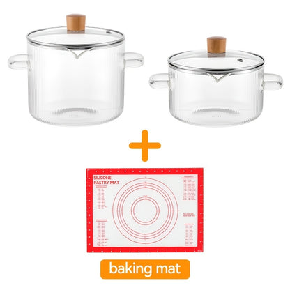 Glass Saucepan Set 2-Pack Stovetop Safe Borosilicate Ribbed Pots with Lids – 78oz & 54oz Heat Resistant Cookware for Soup, Ramen, Milk | Transparent Glass Pot Kitchen Cooking Set with Baking Mat