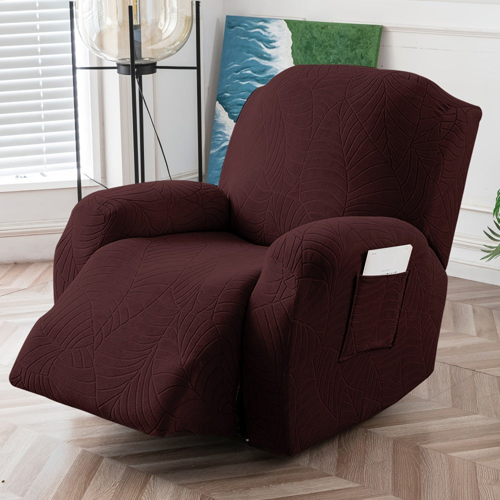 Recliner Chair Cover Slipcover 4-Piece Set – Leaf Jacquard Stretch Furniture Protector with Storage Pocket, Non-Slip Recliner Sofa Cover for Living Room, Machine Washable, 6 Colors Available