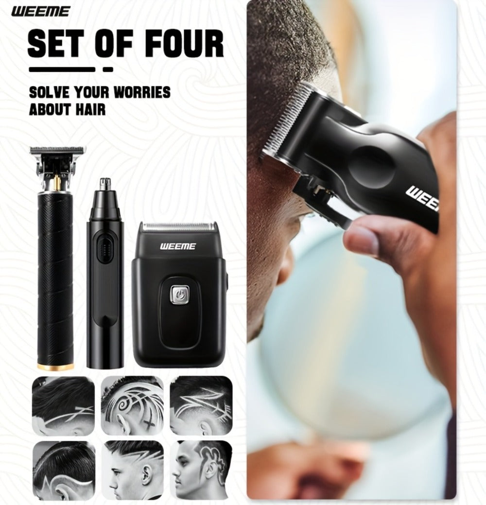 Men's Grooming Kit 4-Piece Set – USB Rechargeable Hair Clipper, Nose Trimmer, Electric Shaver & T9 Detailer with 8 Guide Combs, Professional Cordless Beard Trimmer Set for Men