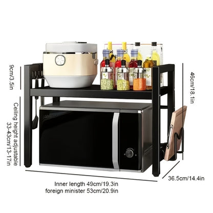 Kitchen Storage Rack Metal Extendable Shelves Microwave Stand Counter Organizer for Spices Bowls Cups Cookware Space Saving Shelf Black