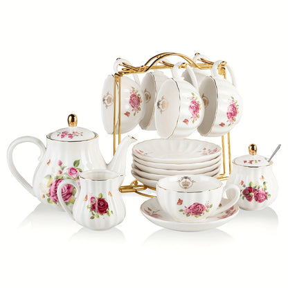 Porcelain Tea Set for 6 - 22 Piece British Royal Floral Service with Teapot, Cups & Saucers, Sugar Bowl, Cream Pitcher & Tea Strainer