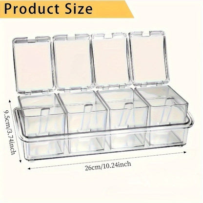 Kitchen Seasoning Storage Box Set of 4 - Transparent Multi-Grid Moisture-Proof Spice Organizer with Flip Lid, Airtight Condiment Container for Home Kitchen Apartment