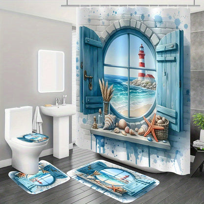 Lighthouse Shower Curtain Set with Ocean View Pattern – Nautical Bathroom Decor with Non-Slip Mat, Toilet Seat Cover & 12 Hooks for Apartment Hotel