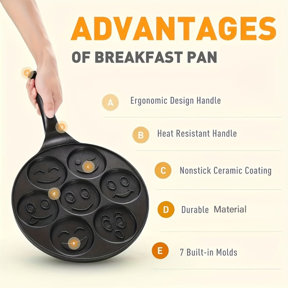 Non-Stick Pancake Pan 7-Hole Smiley Face – Fun Breakfast Egg & Bacon Frying Tray for Kids & Family, Easy to Clean, Mini Pancake Maker Baking Pan Kitchen Cooking Tool