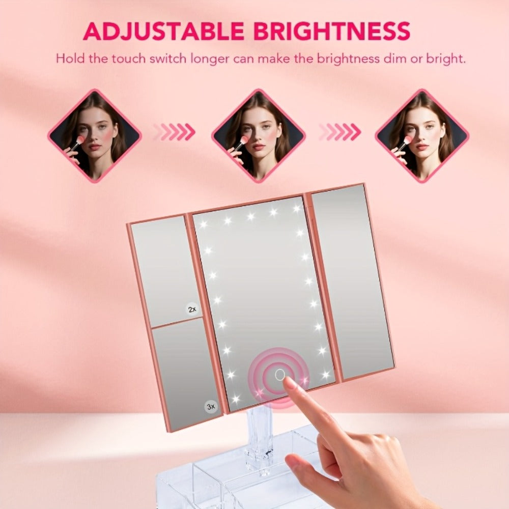 Lighted Makeup Mirror with Storage – Tri-Fold Vanity Mirror 24 LED Lights, Touch Screen, 3X/2X/1X Magnification, 180° Rotation, Dual Power Supply, White & Rose Gold