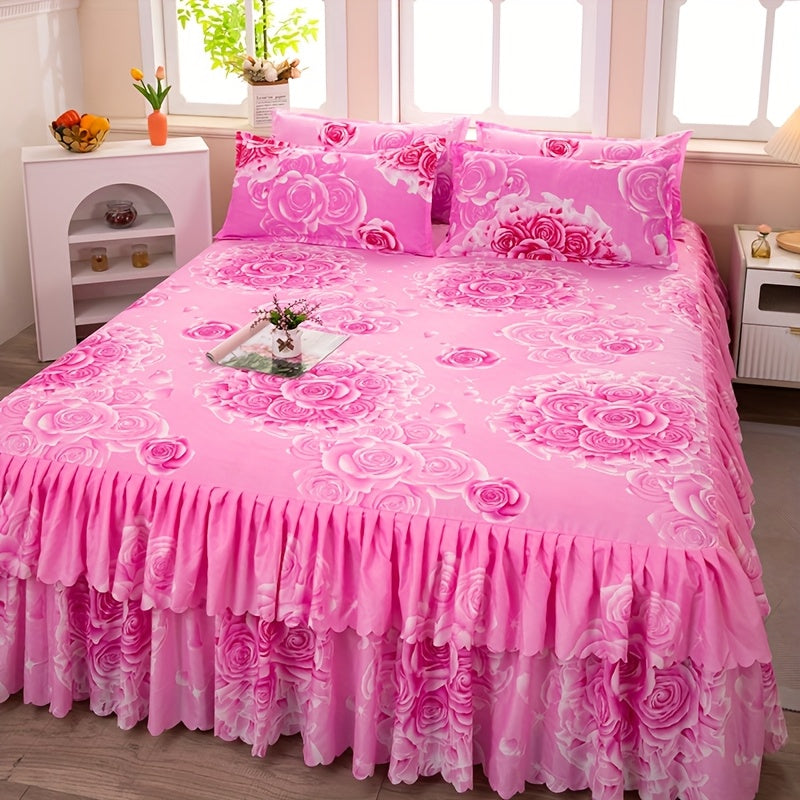 Floral Bed Skirt Set 3-Piece – 1 Ruffled Dust Ruffle Bed Skirt + 2 Pillowcases | Peony & Botanical Print | Double-Layer Hem | Machine Washable Polyester Bedding | 150, 180 & 200cm