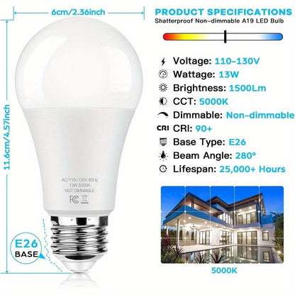 LED Light Bulbs 100W Equivalent A19 13W E26 Base 1500 Lumens Super Bright Non-Dimmable No Flicker Bulb for Home Bedroom Office Lamp 3000K Warm White 5000K Daylight 12 Pack 24 Pack