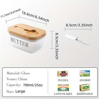 Glass Butter Dish with Airtight Lid, 700ml/25oz - Countertop & Fridge Butter Keeper, Covered Butter Tray with Lid for Counter or Refrigerator Door Shelf