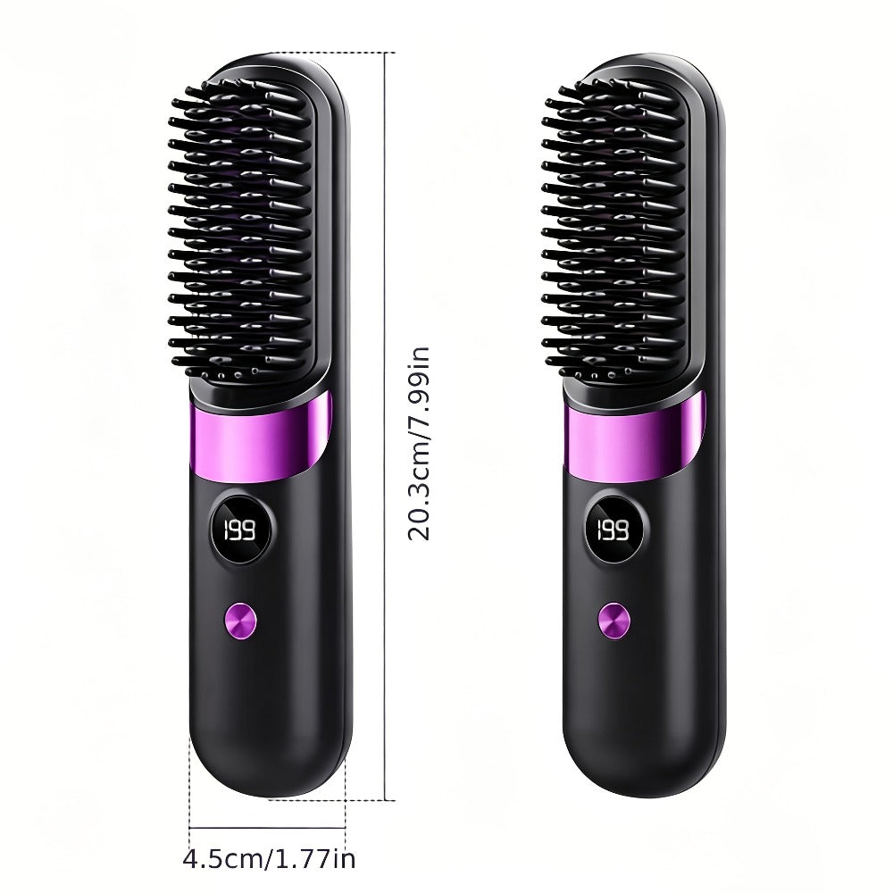 Wireless Hair Straightener Comb USB Rechargeable | Cordless Straightening Brush with Negative Ion, 3-Speed Temp Control, LED Display – Travel Hair Styler