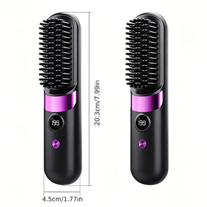 Wireless Hair Straightener Comb USB Rechargeable | Cordless Straightening Brush with Negative Ion, 3-Speed Temp Control, LED Display – Travel Hair Styler