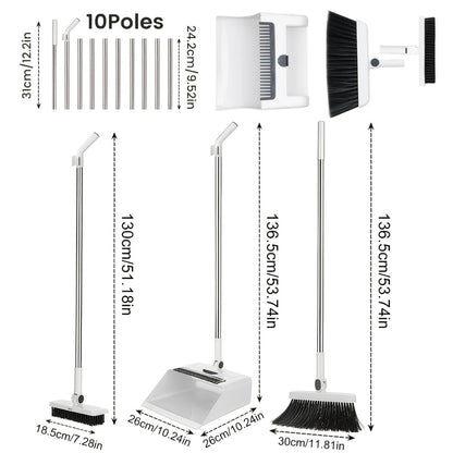 Broom and Dustpan Set with Long Handle - 2-in-1 3-in-1 4-in-1 Foldable Broom Dustpan Combo with Floor Brush for Home Office Dorm Room, Quick Dust Removal Household Cleaning Tool Set, White Pink Blue Orange Purple Grey