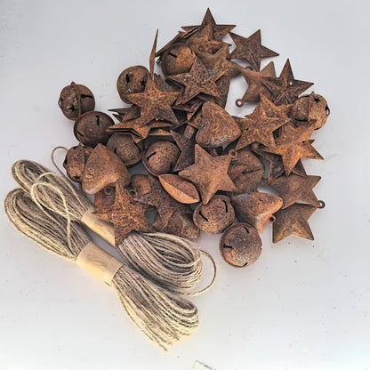 Christmas Bells Decorations 62pcs Set – Rustic Iron Jingle Bells with Heart, Star & Round Shapes, Vintage Craft Bells with 2 Rolls of Rope for Christmas Tree, Party & Home Decor DIY Ornaments