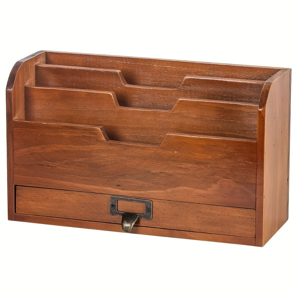 Wooden Desktop File Organizer with Drawer – Multi-Compartment Document Storage Rack for Office, Home & Study – Desk File Folder Holder with Sundries Organizer Shelf for Papers, Books & Supplies