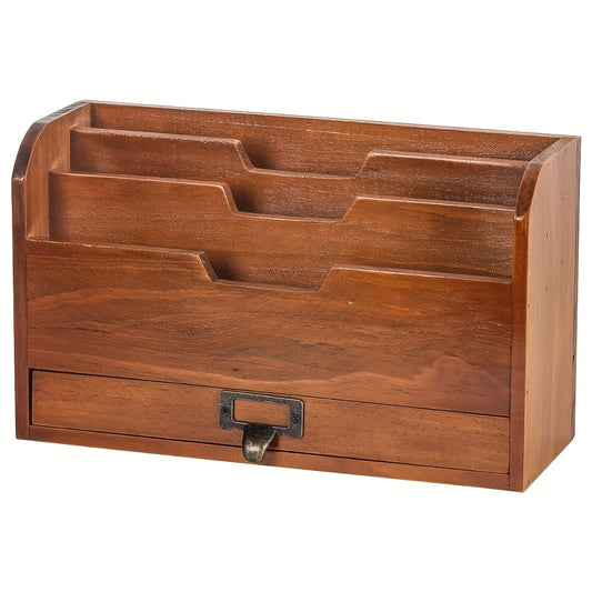 Wooden Desktop File Organizer with Drawer – Multi-Compartment Document Storage Rack for Office, Home & Study – Desk File Folder Holder with Sundries Organizer Shelf for Papers, Books & Supplies