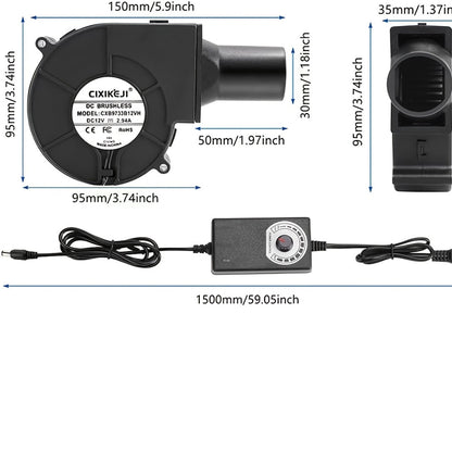 Turbo Blower Set with Adjustable Air Outlet - BBQ Barbecue Stove Firewood Stove Fan, DIY Cooling Ventilation Exhaust Tool Kit with Control Box & Stainless Steel Long Tube