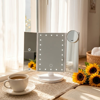 LED Tri-Fold Makeup Mirror with Touch Screen – 1X/2X/3X/10X Magnifying Vanity Mirror, Flexible Adjustable Base, Lighted Travel Mirror for Makeup Desk, Bedroom & Bathroom | Gift for Women