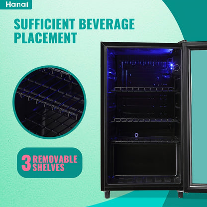 Beverage Refrigerator with Glass Door, Mini Drink Cooler Fridge with Blue LED Light, 3 Adjustable Shelves & R600a Compressor – 1.7 or 3.5 Cu Ft Freestanding Bar Fridge for Home, Office, Dorm and Bar