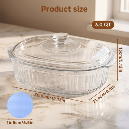 Borosilicate Glass Baking Dish with Lid 96oz – Oval Casserole Pan Microwave Oven Fridge Safe | Multi-Use for Baking, Meal Prep, Grilled Fish, Salad & Food Serving | Kitchen Bakeware with Cover