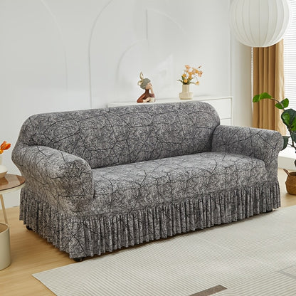 Printed Elastic Skirt Sofa Cover Modern Hem Design Stretch Sofa Slipcover Protective Furniture Cover for Living Room Single 2 3 4 Seater Machine Washable