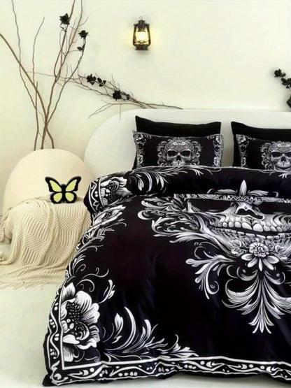 Skull Duvet Cover Set 3pcs – Gothic Victorian Baroque Black & White Skull Bedding with 2 Pillowcases, Digital Print Halloween Bedroom Decor (Twin, Full, Queen, King – No Insert)