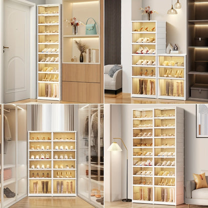 Shoe Rack Organizer 9-Tier, Collapsible Clear Plastic Foldable Stackable Shoe Cabinet with Shelves & Doors — No Assembly, Space-Saving Narrow Storage for Hallway, Apartment & Small Spaces