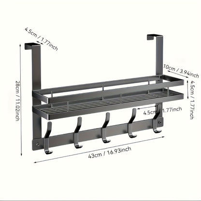 Over-the-Door Storage Rack with Hooks – Metal Multifunctional Organizer for Bedroom Bathroom Kitchen, 4/5/6/8 Hook Options in Gray & Black