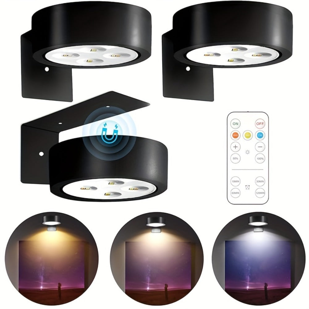 Battery Operated Picture Lights 3-Pack, Magnetic Painting Light with Remote & Timer, 3 Lighting Modes Dimmable Wireless Wall Puck Lights for Art Frames Portraits – Black