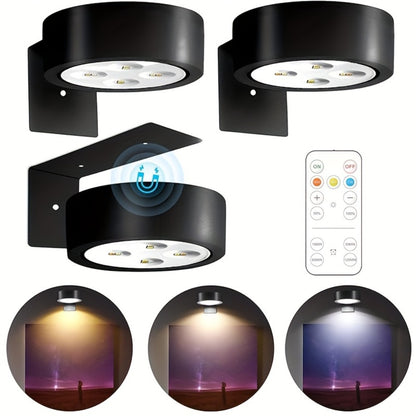 Battery Operated Picture Lights 3-Pack, Magnetic Painting Light with Remote & Timer, 3 Lighting Modes Dimmable Wireless Wall Puck Lights for Art Frames Portraits – Black