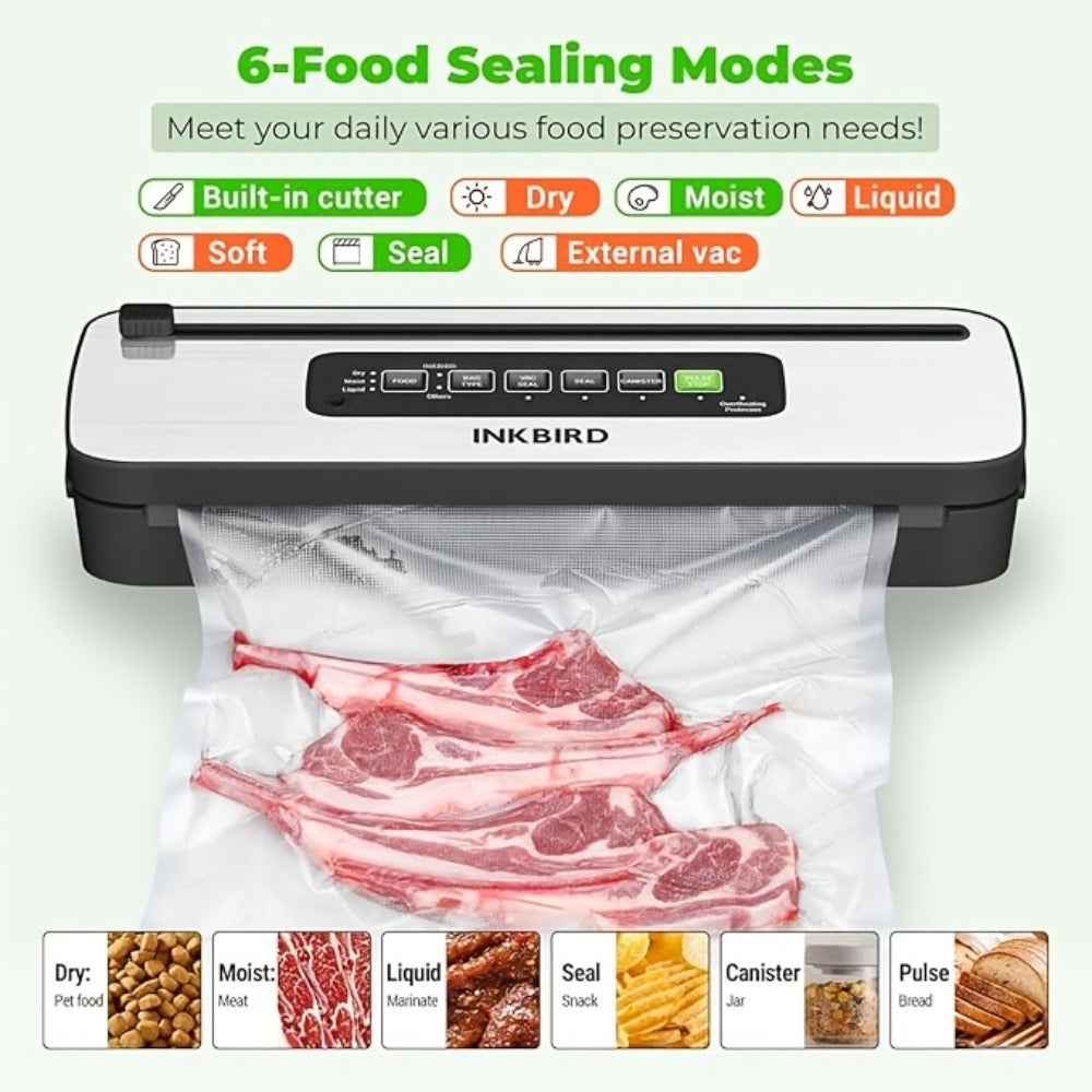 Vacuum Sealer Machine 85KPA – INKBIRD 10-in-1 Food Sealer with Bag Storage, Built-In Cutter, Moist/Dry/Pulse/Liquid/Canister Modes, 200 Continuous Seals, Compact Design for Food Preservation & Sous Vide